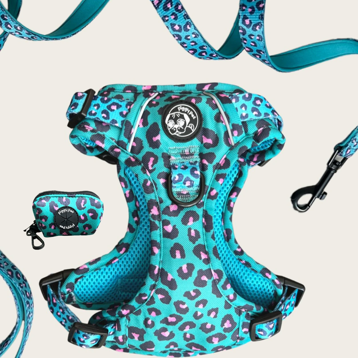 Harness Set 3 clips, Leash and Bag Holder Aqua Leopard