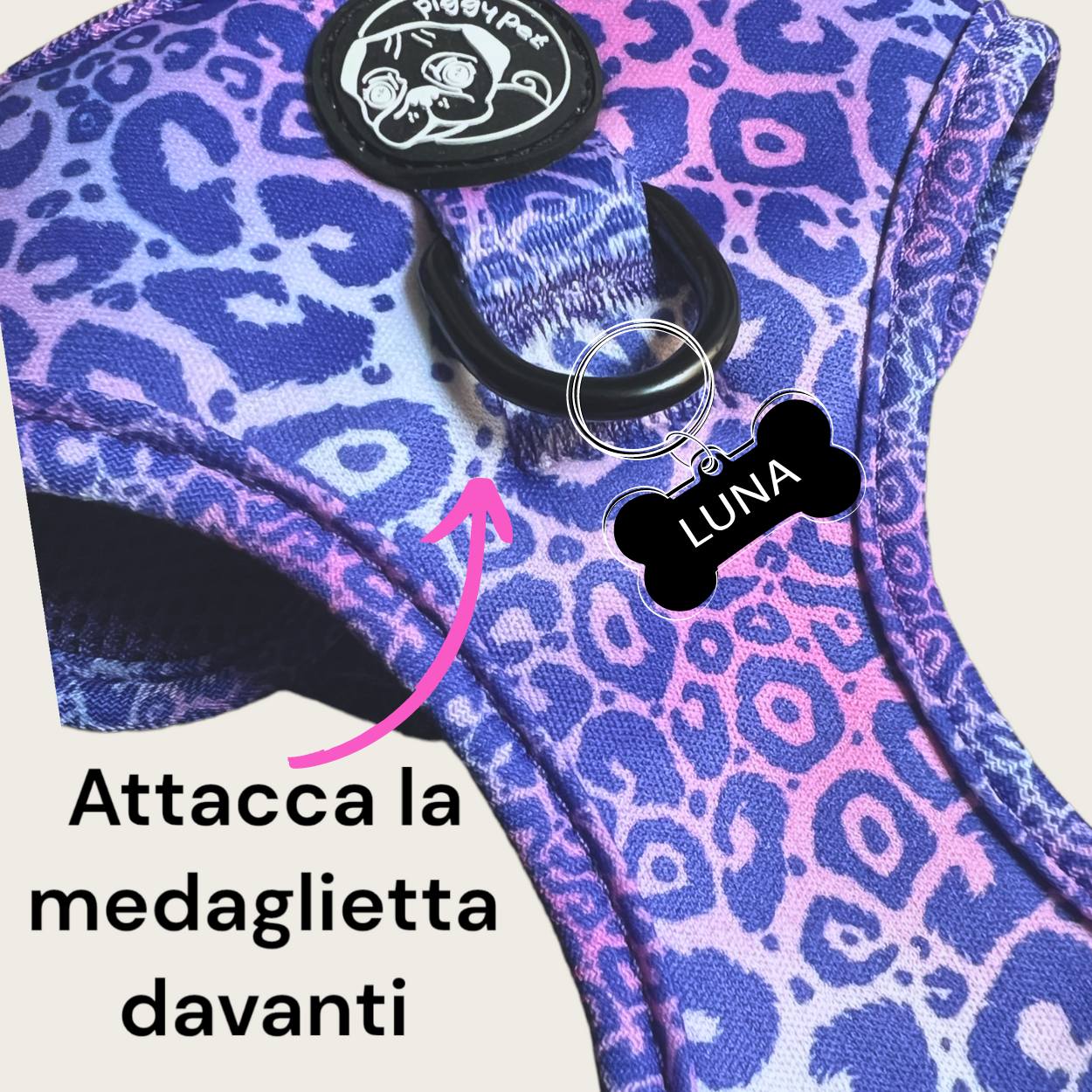 Set Pettorina ad H Regolabile, Guinzaglio e Porta Sacchetti Violet Cheetah