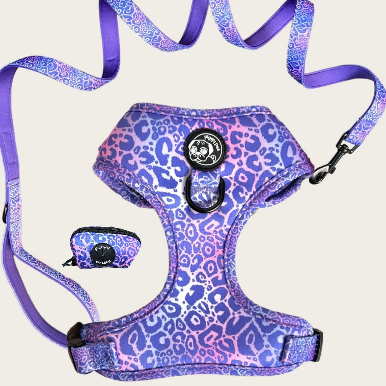 Violet Cheetah Adjustable H-Harness Set, Leash and Bag Holder