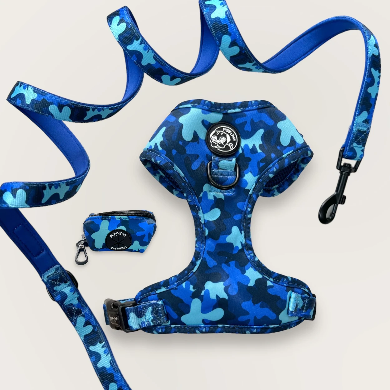 Adjustable H-Harness Set, Leash and Bag Holder Blue Camo