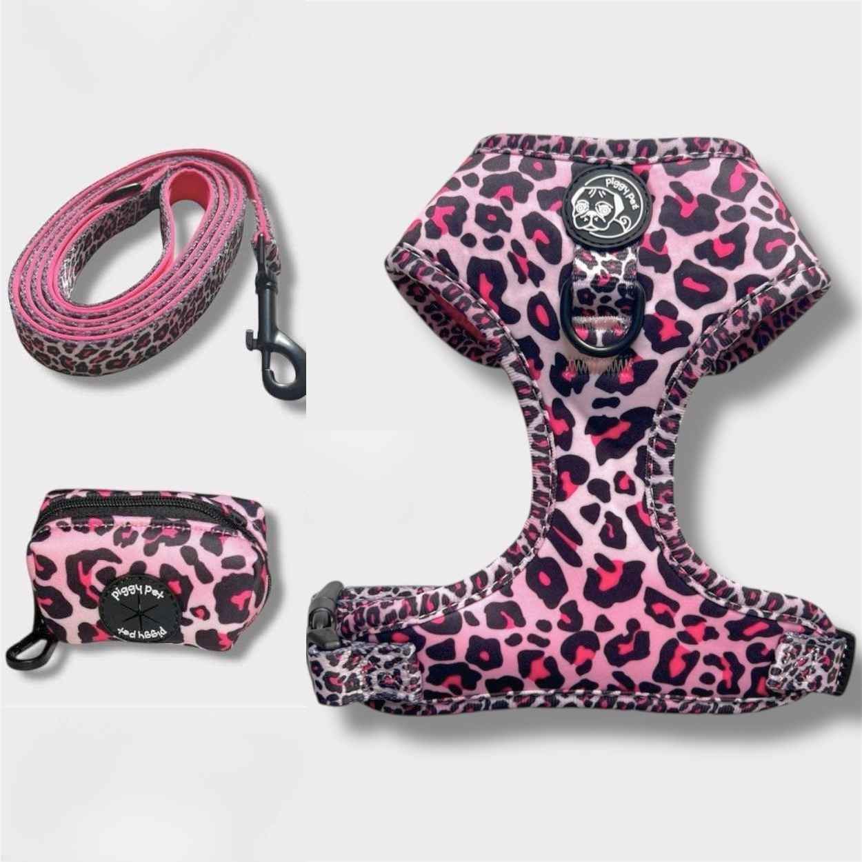 Set Pettorina ad H Morbida, Guinzaglio e Porta Sacchetti Pink Leopard